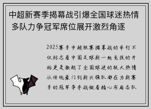 中超新赛季揭幕战引爆全国球迷热情 多队力争冠军席位展开激烈角逐
